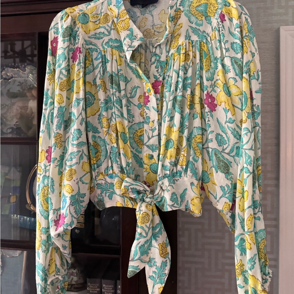 Rachel Zoe Yellow and Green Peter Pan Collar Crop Blouse
